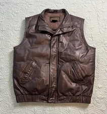 Vintage Eddie Bauer Leather Vest Brown Premium Goose Down Fill Mens Med Full Zip
