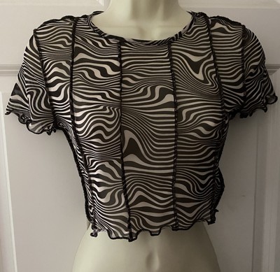 Women Divided Sheer Crop Top Sheer Animal Print brown Ivory size S