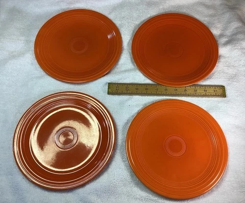 4 Vintage Fiesta Ware Red Orange Glazed 9 1/2” Luncheon Dinner Plates Nice Cond