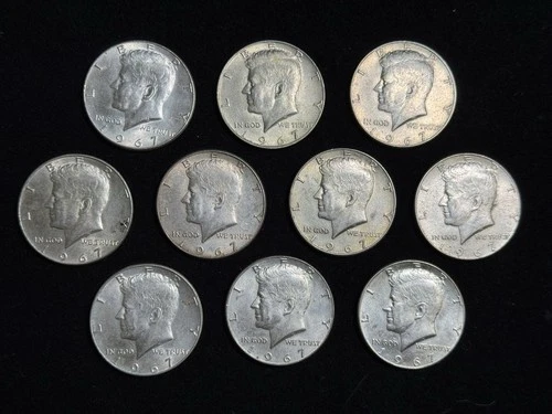 10 Lot - 1967 P Kennedy Half Dollars - Very Fine condition - 40% Silver - ¢50