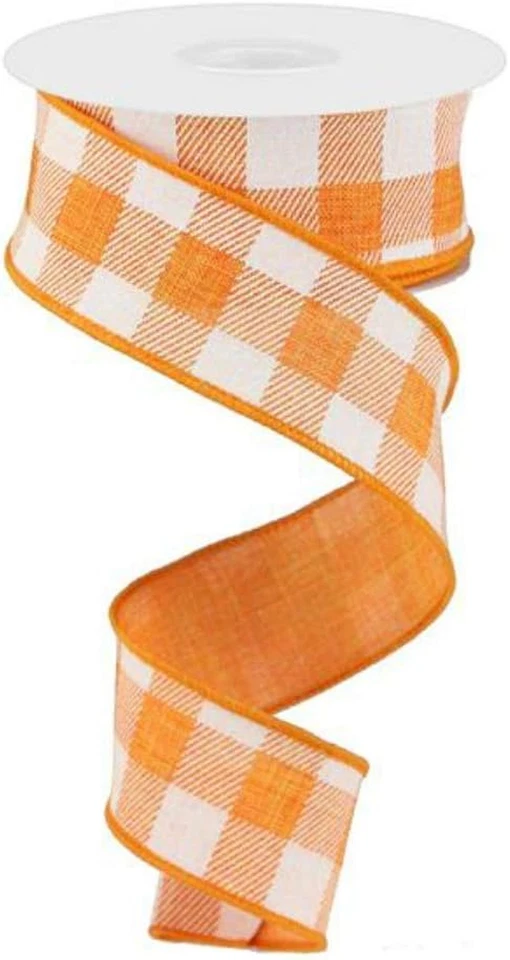 Cinta a cuadros estampada de 1,5": naranja y blanco (10 yardas) - Arr floral artesanal... Foto 2 de 4