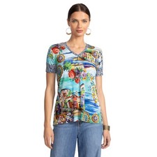 Johnny Was Janie Favorite Christy Short Swing Tee Floral Shirt Green Blue Top NW