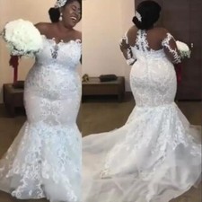 Plus Size Mermaid Wedding Dresses Full Sleeve Lace AppliqueBall Gown Sweep Train