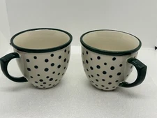 Set Of 2 Pioneer Woman Coffee Mug Retro White & Green Polka Dots 16oz Wide Top