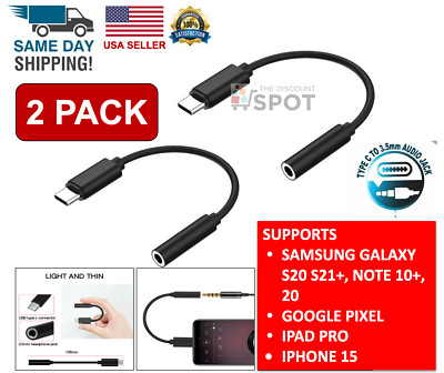 2PACK USB-C Type C Adapter Port to 3.5MM Aux Audio Jack Earphone Headphone Cable