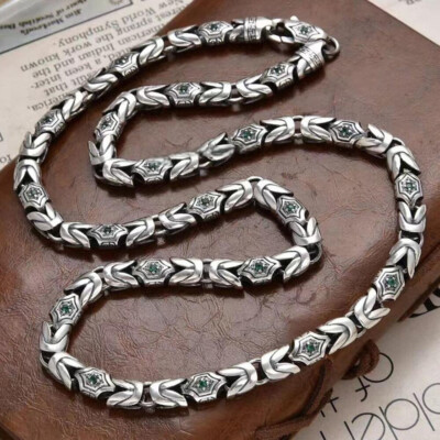 Pure S925 Sterling Silver Chain Men's 7mm Byzantine Link Necklace