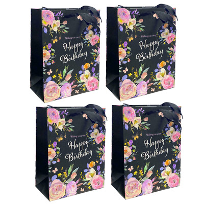 [4er Set] Mittelgroße Tasche schwarz Blumen - Happy Birthday Goodies Geschenktüten