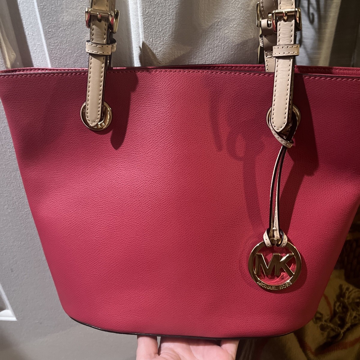 EUC michael kors coated canvas pink and tan medium tote