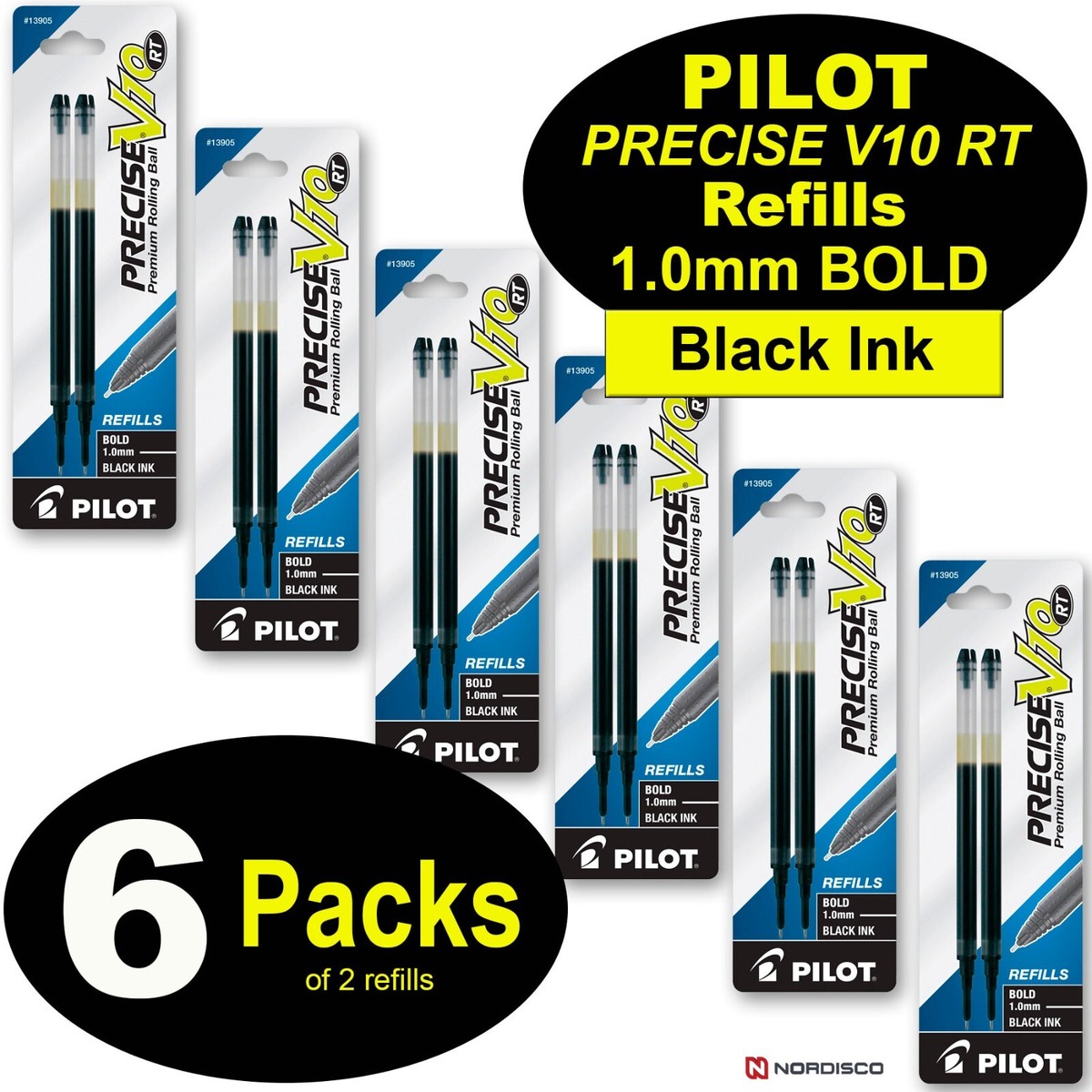 Pilot Precise V10 RT Refills 13905, Black Ink, 1.0mm Bold, 6 Packs