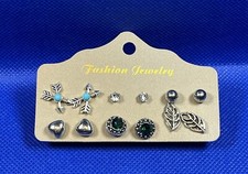 Fashion Boho Festival Glamour Assorted Silver Gem Stud Earring Set Of 6