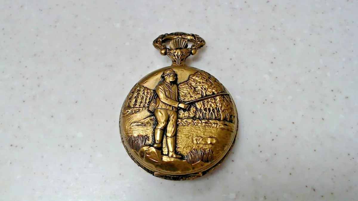Swiss Made 17 Jewels Goldtone Cycle Fisherman s Pocket Watch UNTESTED