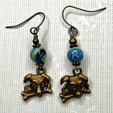 Bronze Tone Happy Dog with Bone Charm Dangle Earrings. Pets. Animals. Blue.S101
