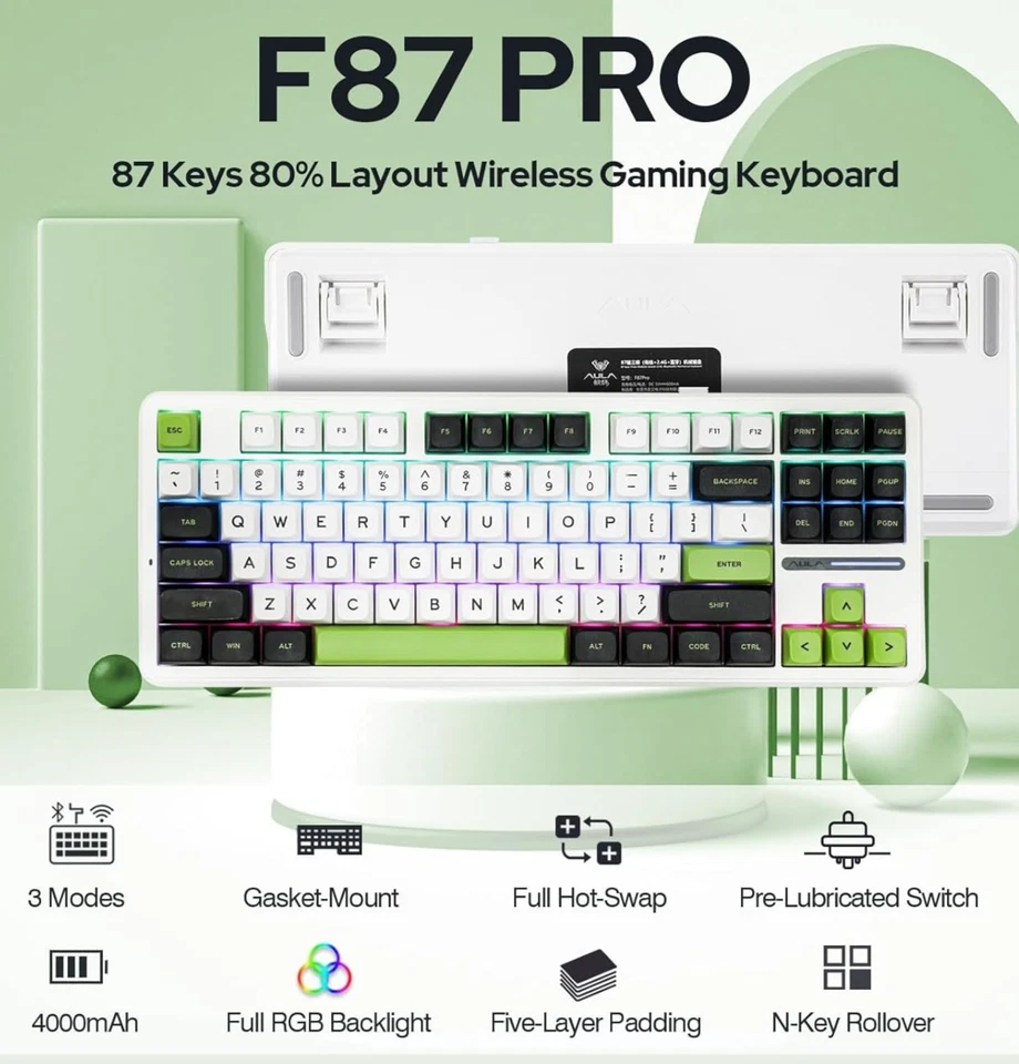 Aula F87 Wireless Mechanical Keyboard, Tri-Mode, Wilderness Green, Gray Wood V3 - Image 4 of 4