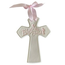 CR Gibson Girl Nursery Cross Ceramic With Pink Ribbon Hanger 7.5 Inch