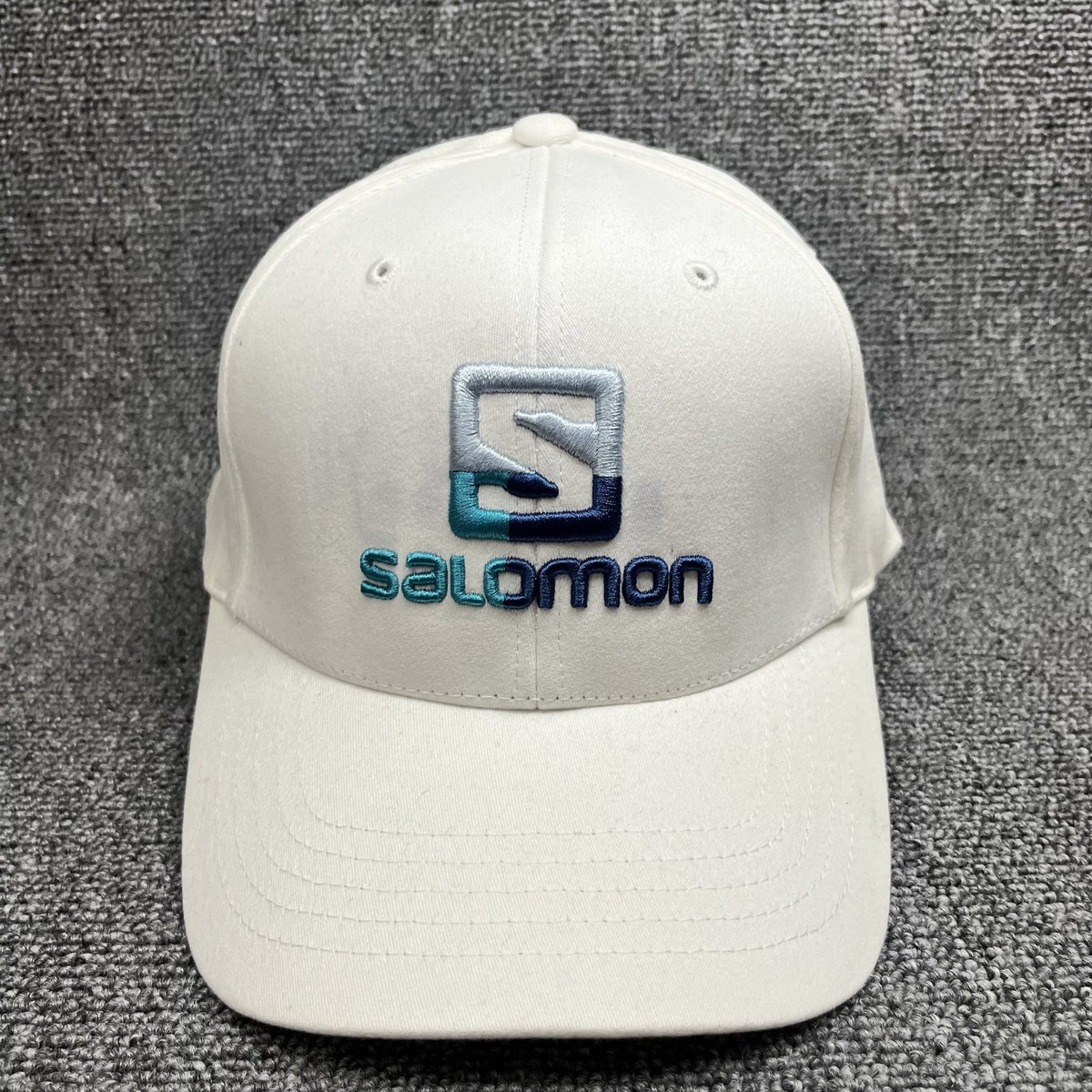 Salomon Logo Baseball Cap White Blue Teal Embroidered Strapback Hat