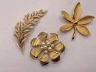 LOT of 3 pretty vintage TRIFARI golden finish PINS, one with pearls