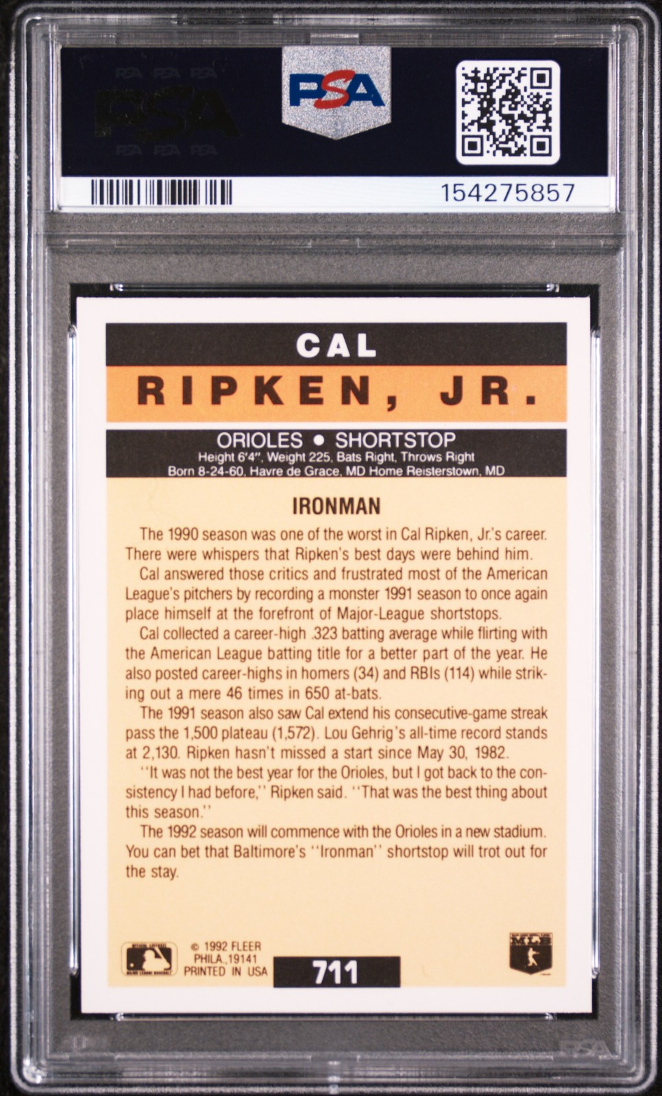 1992 FLEER #711 CAL RIPKEN JR. PSA 8 view 2