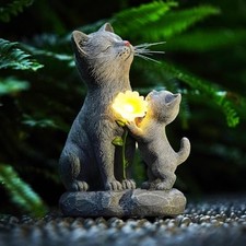 Solar Cat Garden Statue Outdoor Decor - Mother Kitten Figurines with Flower
