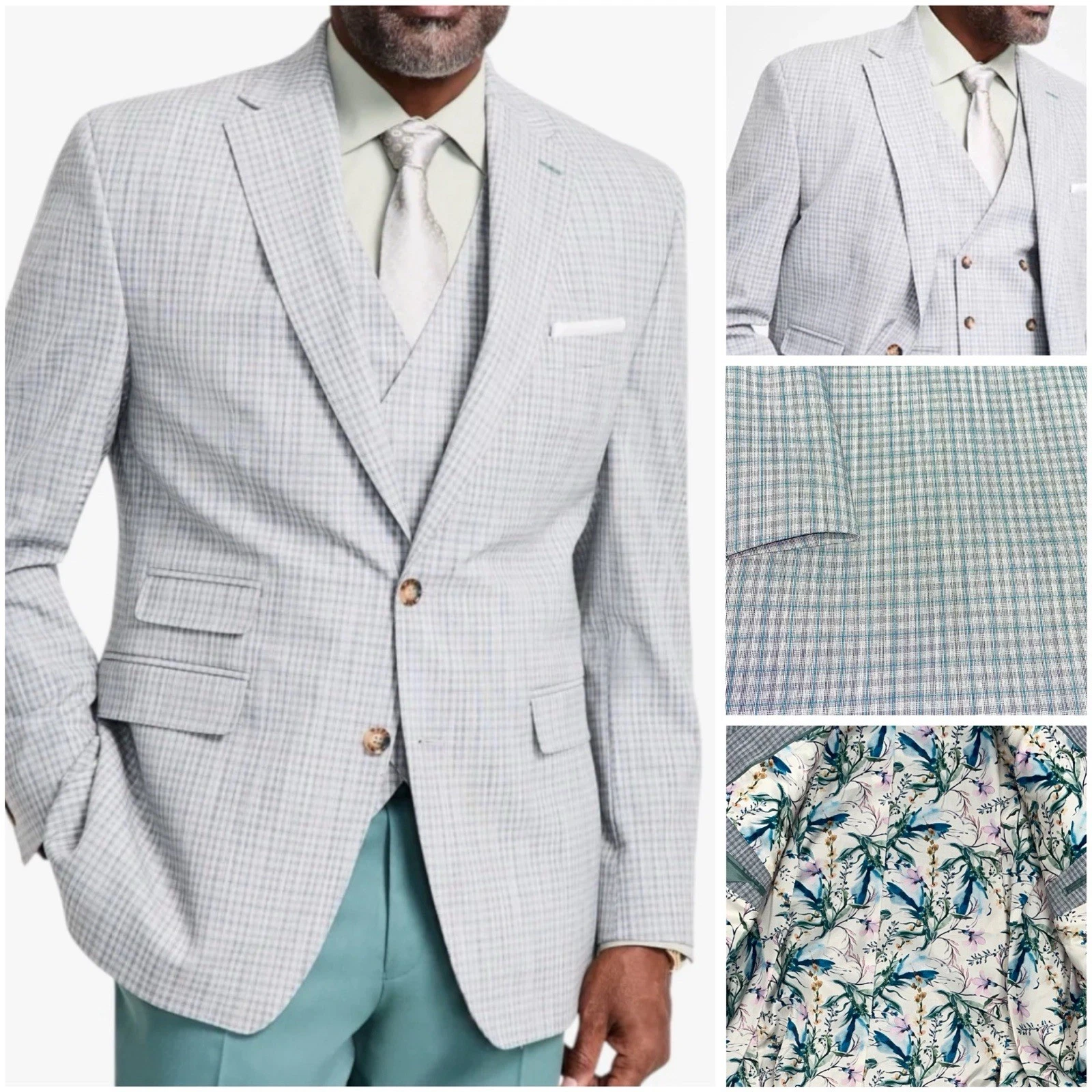 Tayion 42L Classic fit Suit Jacket Blazer Grey Green Check Sport Coat New NWT