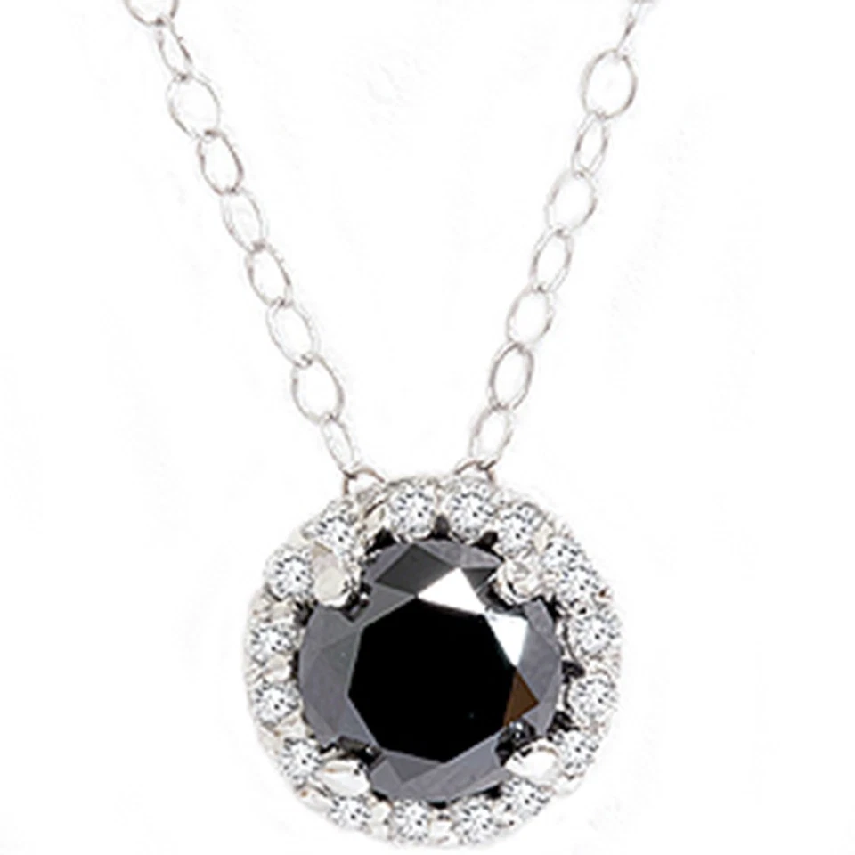 Colgante solitario de diamantes pavé halo negro tratado térmicamente de 1,12 quilates de oro blanco