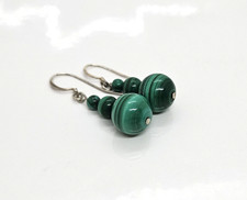 Green Malachite Earrings Sterling Silver 925 Pierced Beaded Estate Dangle 1.5"