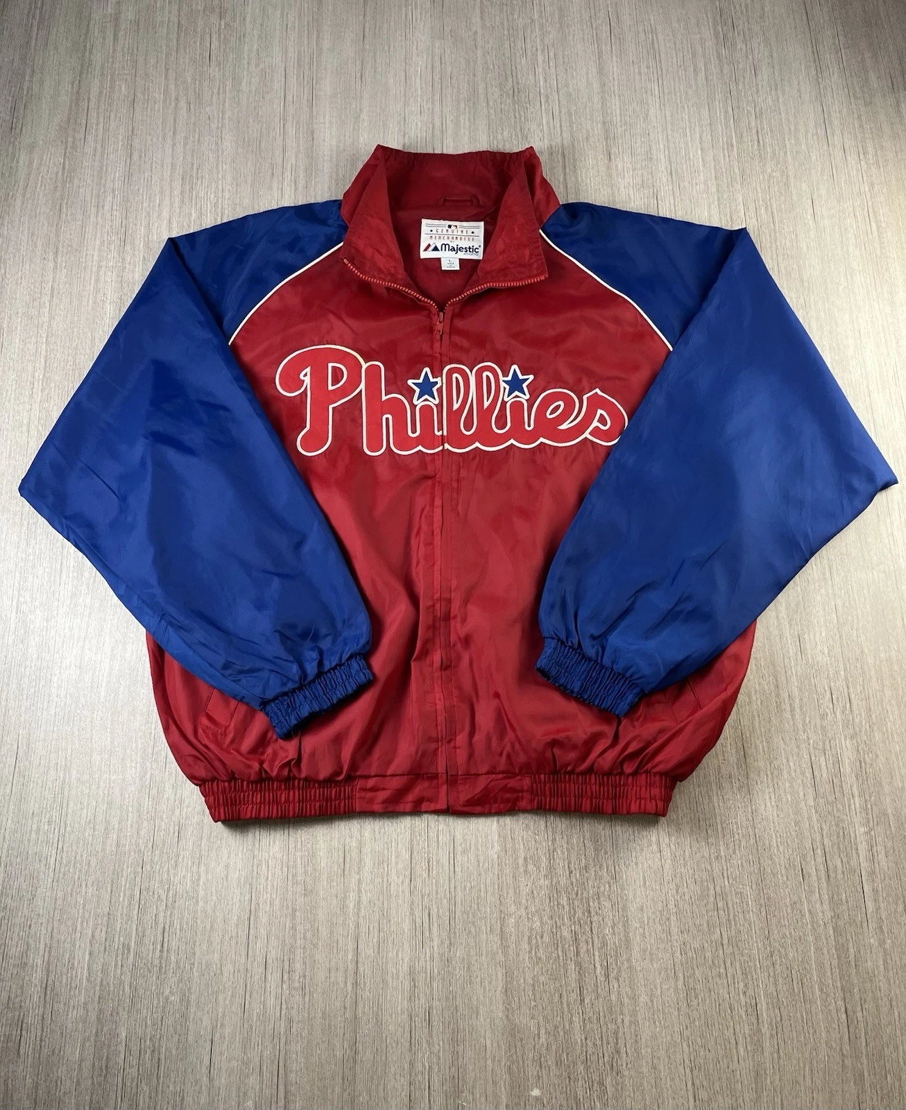 Majestic Phillies MLB Full Zip Windbreaker Jacket XL Red Blue Vintage 90s