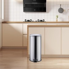 30 Liter Round Stainless Steel Step Trash Can Tall Compact Garbage Bin Kitchen