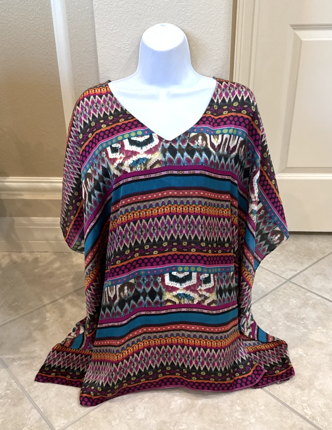Chicos Blue Pink Aztec Geometric Kaftan Poncho Top Size S/M Relaxed Fit