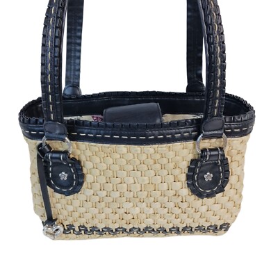 Brighton Straw Raffia Woven Handbag Black Ruffle Double Strap
