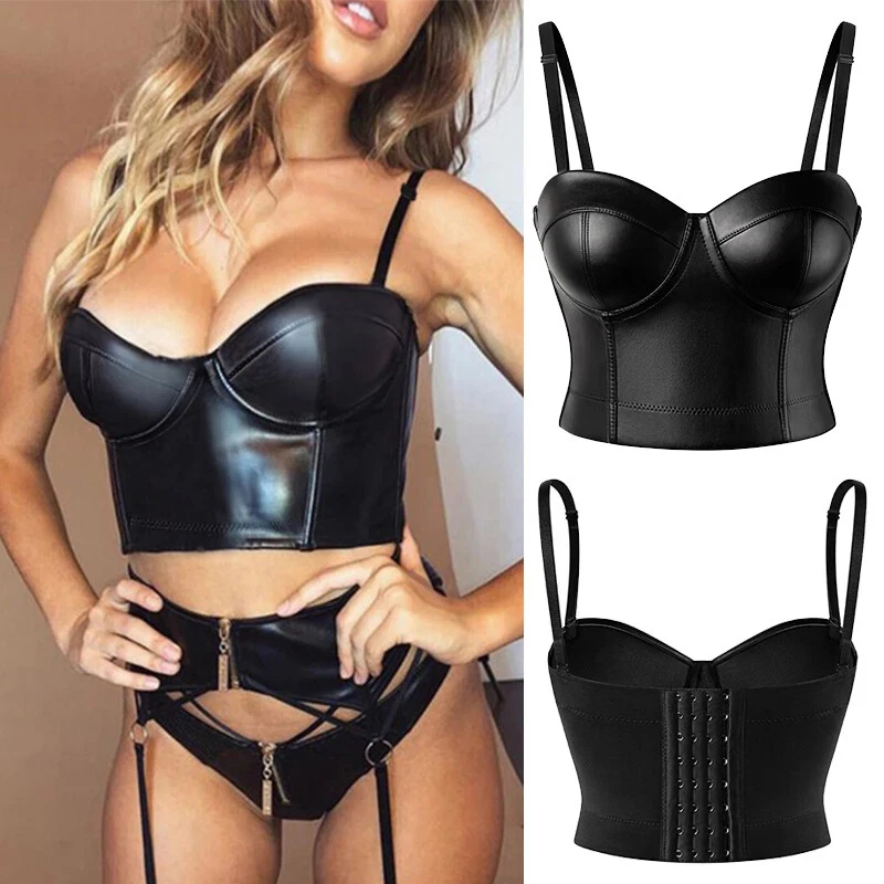 Women PU Leather Steampunk Bustier Crop Top Gothic Punk Push Up Corset Top  Bra