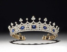 Yellow Plated Tiara Royal Crown Blue Asscher Stone Wedding Women In 935 Silver