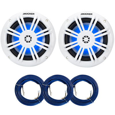 2x Kicker 51KM604WL KM 6.5'' 150W Max 4Ω RGB LED Marine Speakers, 3x 20 Feet Wire
