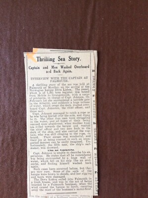 V5b Ephemera 1924 Article Falmouth Sea Story Dova Lisboa Capt Johnson