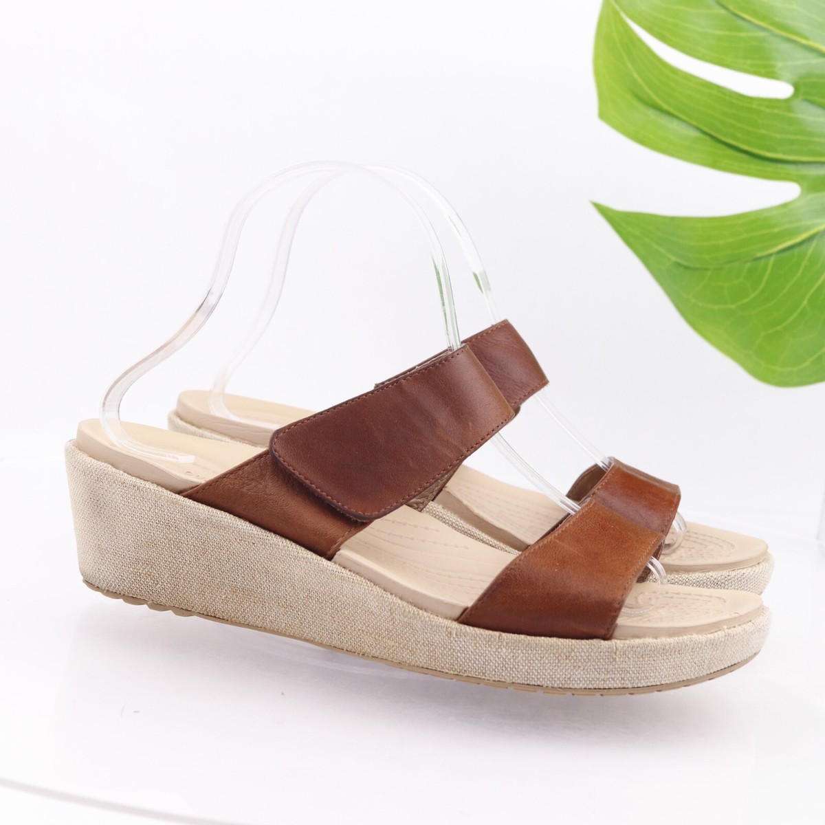 Crocs Women's A-Leigh Sandal Size Wedge Heel Slides Brown Leather  Adjustable