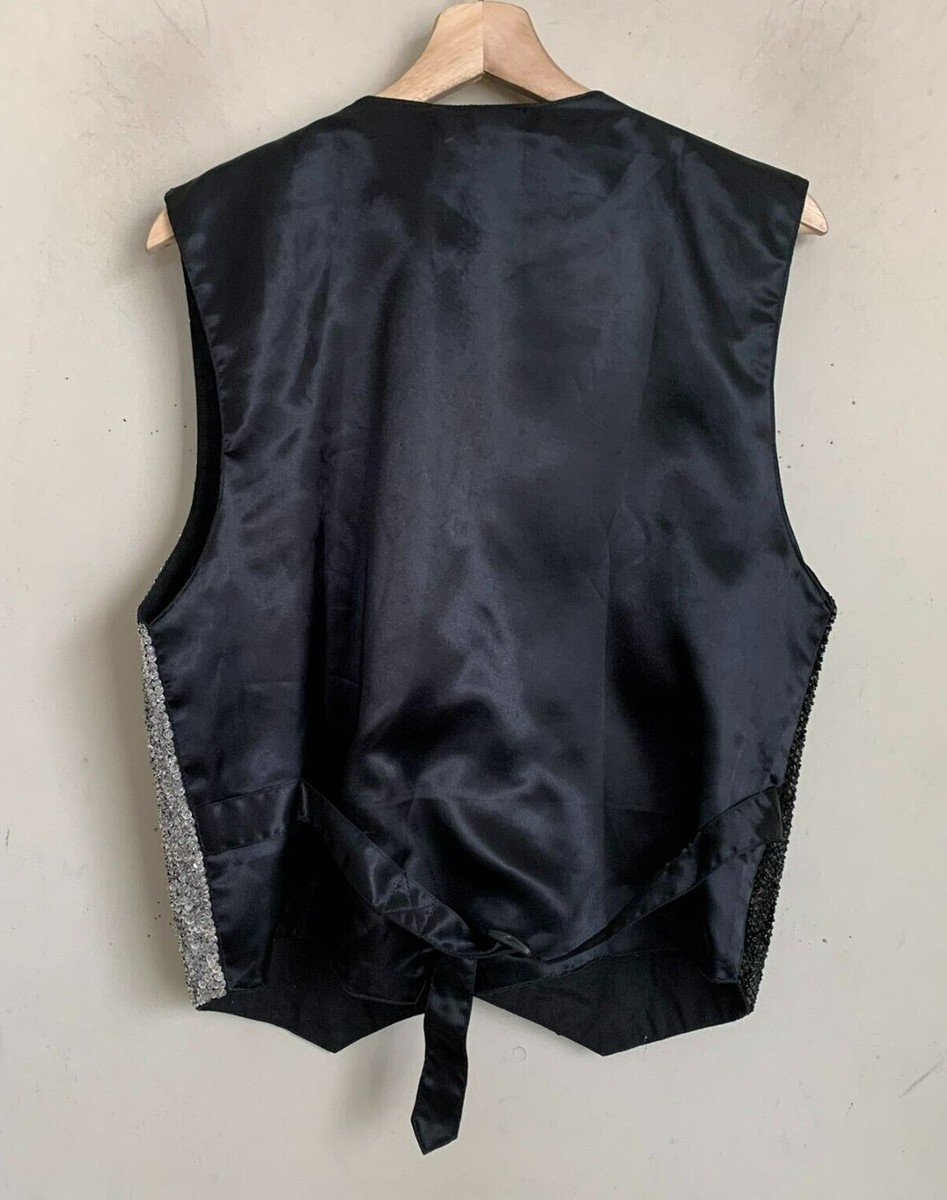 JC Womens Vest Black Silver Sequin Front Music Symbols Snap