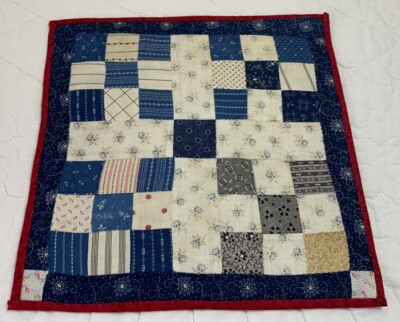 Antique Vintage Patchwork Quilt Table Topper, Nine Patch, Early, Navy Blue
