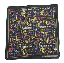 Peace, Love, Rock n' Roll Black Bandana Handkerchief Colorfast Cotton RN 13960