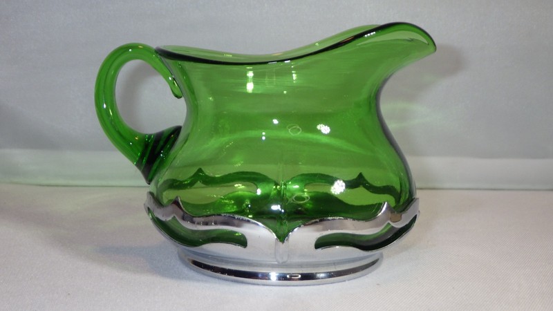 VINTAGE FARBER BROS KROME KRAFT GREEN CAMBRIDGE GLASS INSERT CREAMER PITCHER