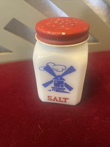 Vintage Hazel Atlas Salt Shaker Milk Glass Dutch Windmill Metal Red Lid USA