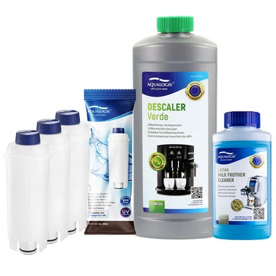 AQUALOGIS Set für Delonghi Kaffeemaschine Wasserfilter x3, Entkalker, Milch Reinigungsflüssigkeit