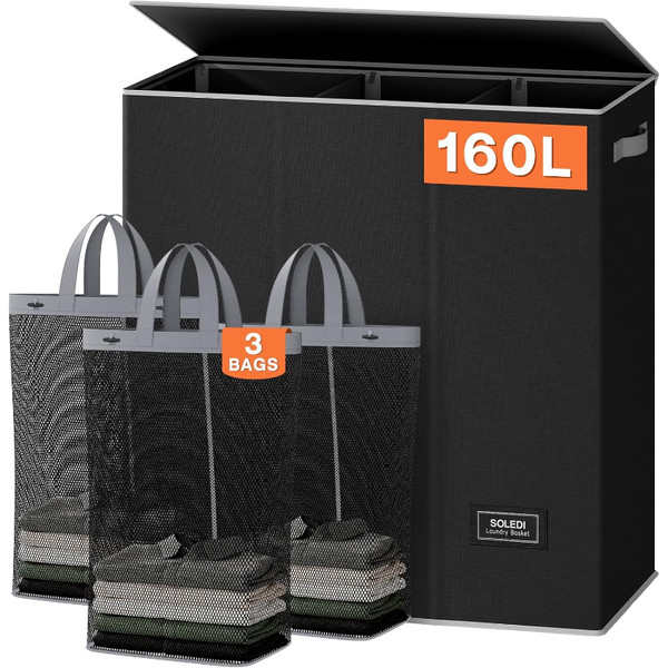 WäSchekorb 160L WäSchesammler 3 FäCher Mit Deckel WäSchesortierer Xxxl FüR-image