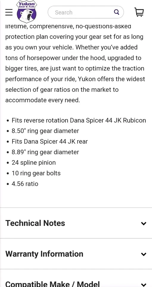 Jeep Wrangler (2018 JK) 2007-2018 Yukon engranaje y anillo de eje/piñón YG D44JK-488RUB Foto 4 de 4