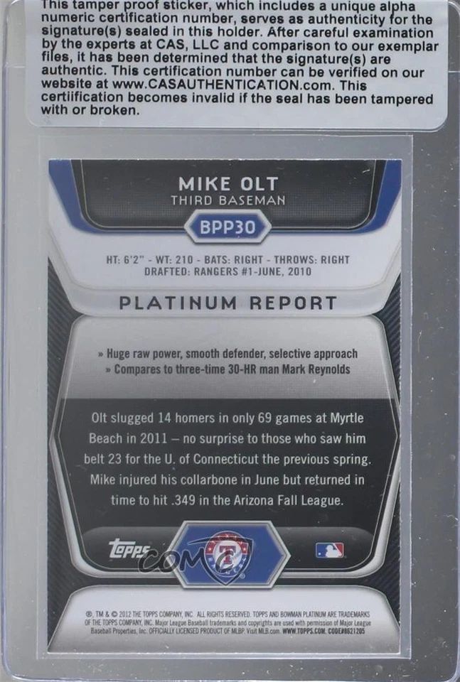 CAS Certified 2012 Bowman Platinum Prospects Mike Olt #BPP30 Sealed Auto - Image 2 of 2