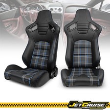Universal Pair Reclinable Racing Seats Dual Sliders Blue Pu Carbon Leather Plaid Universal Pair Reclinable Racing Seats Dual Sliders Blue Pu Carbon Leather Plaid