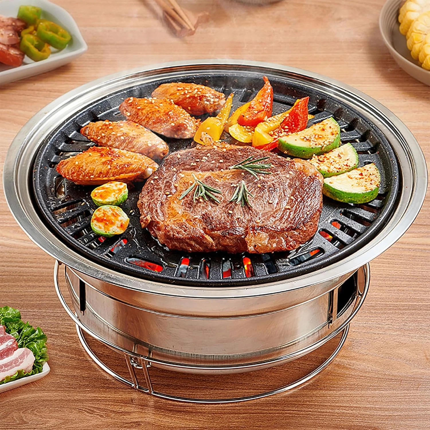 Korean BBQ Grill Charcoal, Small Charcoal Grill 13.7 Inches Portable Grill Stain