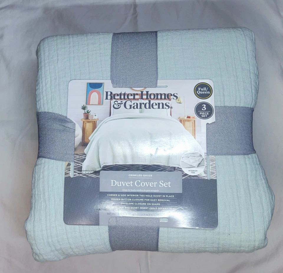 Better Homes 3-Pc Crinkled Gauze Duvet Cover - Soft Sea Green – (Queen/Full) New - Image 3 of 4