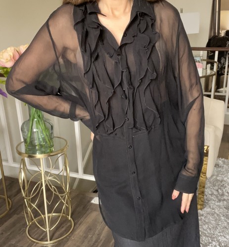 Polo Ralph Lauren Black Silk Ruffled Long Sleeves Sheer Button Up Blouse Top XL