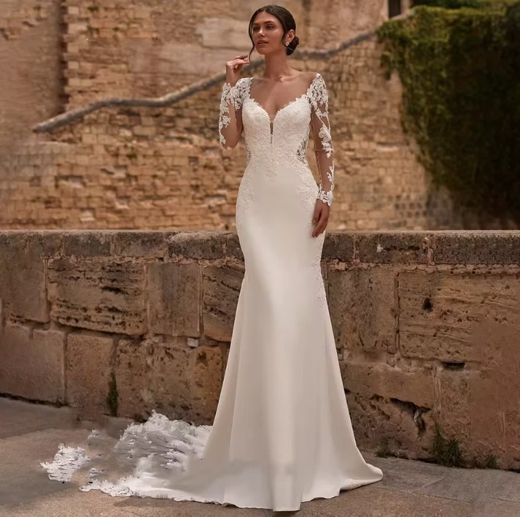 long sleeve mermaid/trumpet wedding dresses fitted lace wedding dress Vintage Mermaid/Trumpet Square Neck Long Sleeves Ruched Lace Wedding D VOS LEE