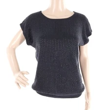 Nordstrom Women Top Sweater Knit Beads Wool Angora Blend Short Sleeves Black S