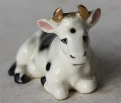 Cow Figurine Miniature Gold Horns Lying Down Bone China Ceramic Black Spots Fig